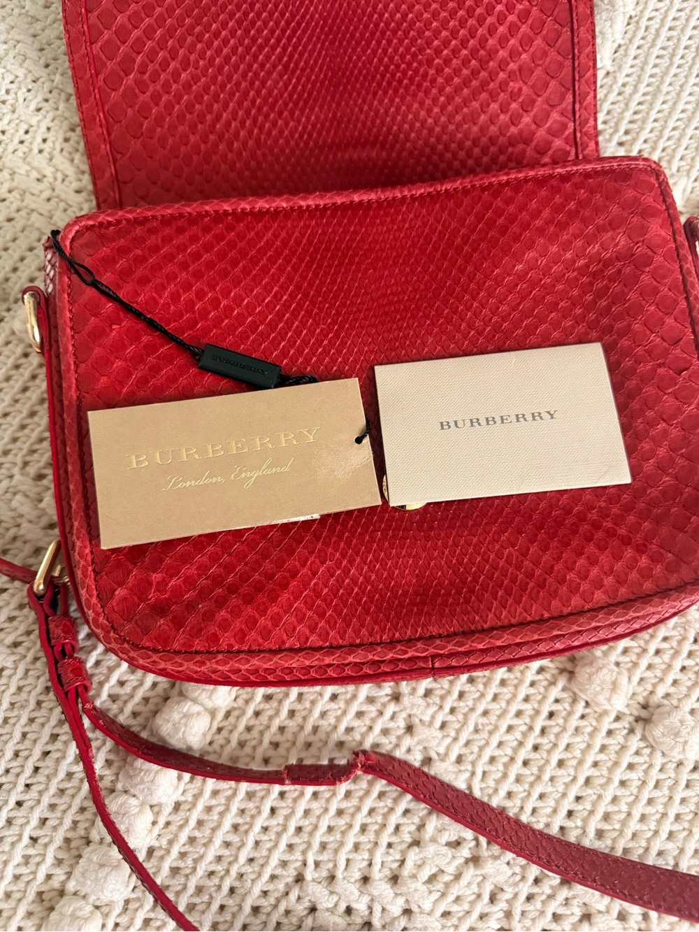 Burberry Red Textured Python-Style Leather Crossbody with Gold Buckle - Picture 7 of 10